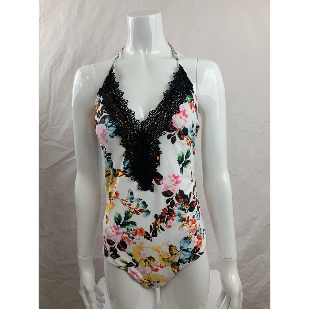 Womens Floral V Neckline Hater Open Back Pushup One Piece Swimsuit Size Medium